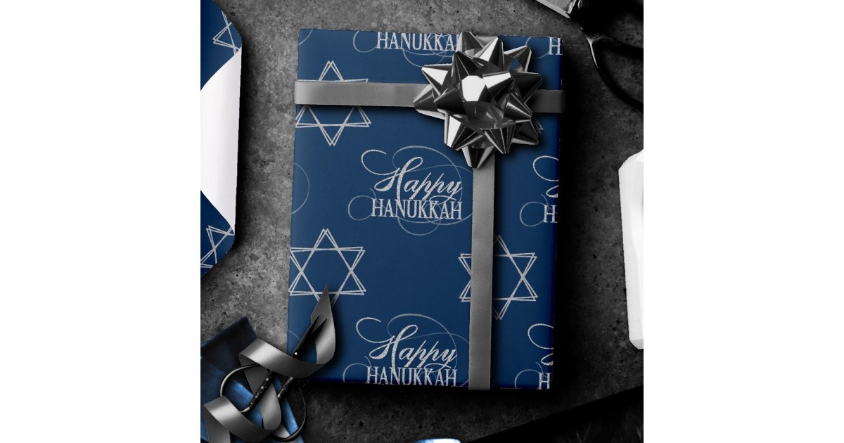 Happy Hanukkah Star of David Classic Silver Navy Wrapping Paper | Zazzle