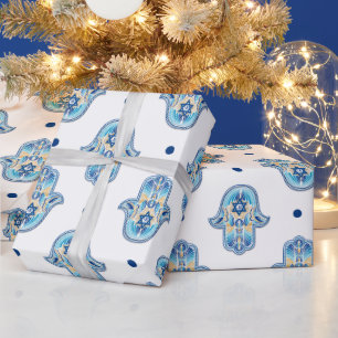 Happy Hanukkah Star of David Hamsa Hand White Blue Wrapping Paper