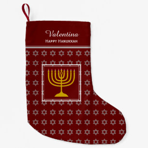 HAPPY HANUKKAH Star of David Menorah DARK RED Small Christmas Stocking
