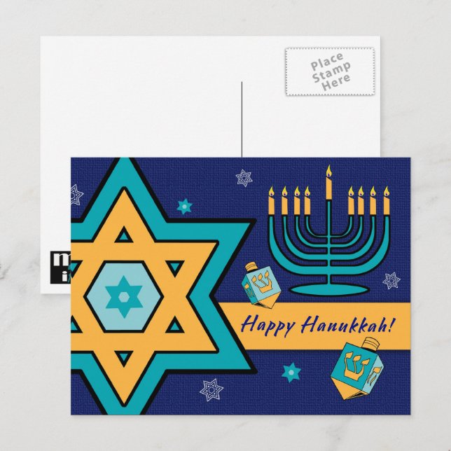 Happy Hanukkah. Star of David, Menorah, Dreidels Holiday Postcard (Front/Back)