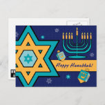 Happy Hanukkah. Star of David, Menorah, Dreidels Holiday Postcard<br><div class="desc">Happy Hanukkah. Star of David,  Menorah and Dreidels design Postcard. Matching cards,  party invitations and gifts available in the Jewish Holidays / Hanukkah Category of our store.</div>