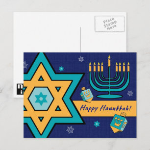 Happy Hanukkah. Star of David, Menorah, Dreidels Holiday Postcard
