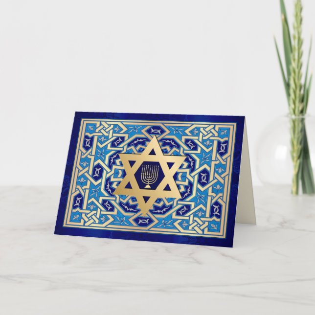 Happy Hanukkah. Star of David & Menorah  Holiday Card (Front)
