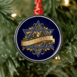 Happy Hanukkah Star of David Metal Ornament<br><div class="desc">Elegant Jewish Star of David (Magen David) traditional blue and white hexagram symbol against a gold and black baroque fluerish background with a gold ribbon and holiday greeting wishes for a Happy Hanukkah. Original art of artist Margaret Loftin Whiting.</div>
