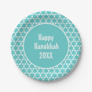 Happy Hanukkah Star Tiles Turquoise Paper Plates