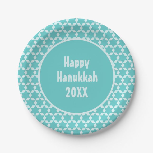 Happy Hanukkah Star Tiles Turquoise Paper Plates (Front)