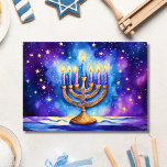 Happy Hanukkah Starry Menorah Card<br><div class="desc">This AI artwork is a lovely card that features radiant Menorah of all eight candles aglow in watercolor.</div>