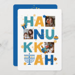 Happy HANUKKAH Stars & lights Photo Greeting Card<br><div class="desc">Our Hanukkah Custom Photo Greeting card is a beautiful, fun way to wish family and friends a Happy Hanukkah in style. This festive, fun, modern design includes a Menorah, Dreidel, Jelly Donut & Wrapped Gift along with Snowflakes & Jewish Stars. Personalize this custom card with 3 of your own photos...</div>
