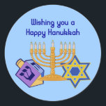 Happy Hanukkah Sticker<br><div class="desc">"Wishing you a Happy Hanukkah". Stickers with a dreidle,  menorah & star of david in bright colors.</div>