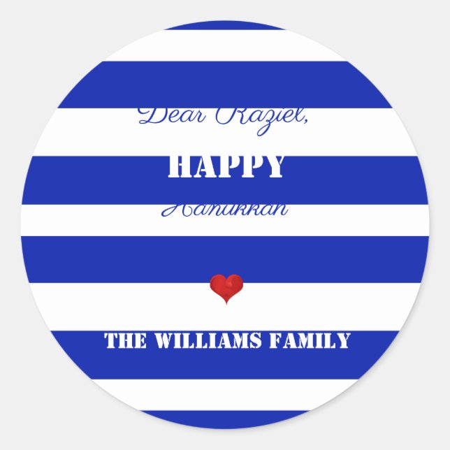 Happy Hanukkah Striped Pattern Blue and White Classic Round Sticker (Front)