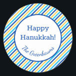 Happy Hanukkah Stripes Blue Yellow Gift Tag<br><div class="desc">These fabulous gift tags would look great on all your Hanukkah gifts.  They are so modern yet classic with their blue,  turquoise and yellow stripes.  And,  they are customizable with your family name.</div>