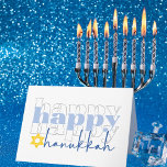 Happy Hanukkah Stylish Holiday Card<br><div class="desc">This Hanukkah greeting card features a playful and modern design that is sure to bring joy to its recipients. The front of the card prominently displays the phrase “happy happy happy” in a chunky lowercase font. The center “happy” is light blue, while the upper and lower “happy” text is white,...</div>