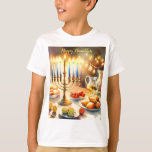 Happy Hanukkah T-Shirt<br><div class="desc">Hanukkah watercolor illustration. A beautifully arranged table set for a festive celebration,  featuring a traditional menorah with lit candles. Soft,  warm light,  while holiday decorations add a touch of cheer. Warm lights creating a cozy,  inviting atmosphere.</div>