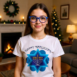 Happy Hanukkah T-Shirt<br><div class="desc">Happy Hanukkah in shades of blue with white menorah and David's star in a background. Great as a gift.

Wishing you happy Hanukkah!</div>