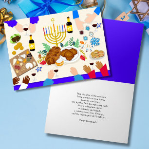 Happy Hanukkah Table with Menorah, Food & Family Card