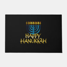Happy Hanukkah Teal Gold Black Menorah Door Mat