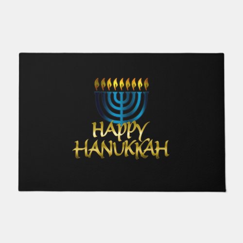 Happy Hanukkah Teal Gold Black Menorah Door Mat