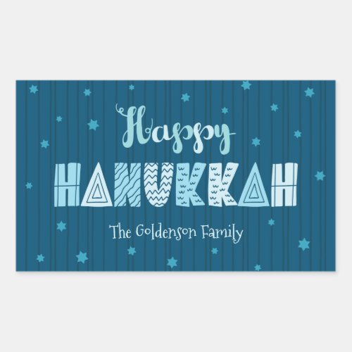 Happy Hanukkah Teal Whimsical Modern Typography Rectangular Sticker
