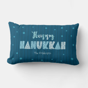Happy Hanukkah Teal Whimsical Typography Modern Lumbar Pillow