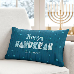 Happy Hanukkah Teal Whimsical Typography Modern Lumbar Pillow