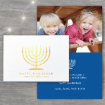 Happy Hanukkah Techelet Blue Simple Modern Menorah Foil Card<br><div class="desc">Wish family and friends the simple gifts of light and love for Hanukkah with an elegant custom photo folded card. All text on this template (including "Happy Hanukkah" on front) is simple to customize with any wording. The techelet blue, white and gold foil design features modern minimalist typography, a menorah...</div>