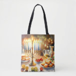 Happy Hanukkah Tote Bag<br><div class="desc">Hanukkah watercolor illustration. A beautifully arranged table set for a festive celebration,  featuring a traditional menorah with lit candles. Soft,  warm light,  while holiday decorations add a touch of cheer. Warm lights creating a cozy,  inviting atmosphere.</div>