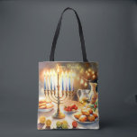 Happy Hanukkah Tote Bag<br><div class="desc">Hanukkah watercolor illustration. A beautifully arranged table set for a festive celebration,  featuring a traditional menorah with lit candles. Soft,  warm light,  while holiday decorations add a touch of cheer. Warm lights creating a cozy,  inviting atmosphere.</div>