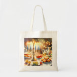 Happy Hanukkah Tote Bag<br><div class="desc">Hanukkah watercolor illustration. A beautifully arranged table set for a festive celebration,  featuring a traditional menorah with lit candles. Soft,  warm light,  while holiday decorations add a touch of cheer. Warm lights creating a cozy,  inviting atmosphere.</div>