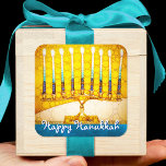 Happy Hanukkah Trendy Artsy Yellow Gold Menorah Square Sticker<br><div class="desc">"Happy Hanukkah". A close-up photo of a bright, colorful, yellow gold artsy menorah photo helps you usher in the holiday of Hanukkah. Feel the warmth and joy of the holiday season whenever you use this stunning, colorful Hanukkah sticker. Matching cards, stamps, tote bags, serving trays, and other products are available...</div>