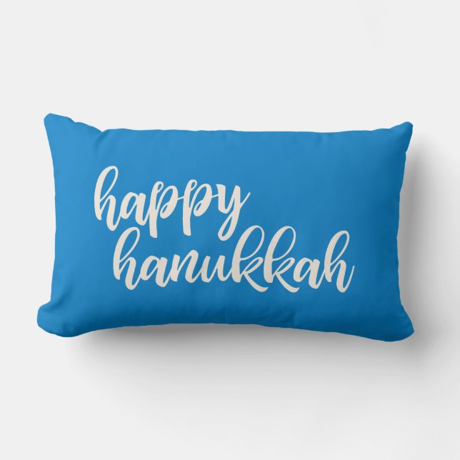 Happy Hanukkah Trendy Script Lettering Blue Lumbar Pillow (Front)