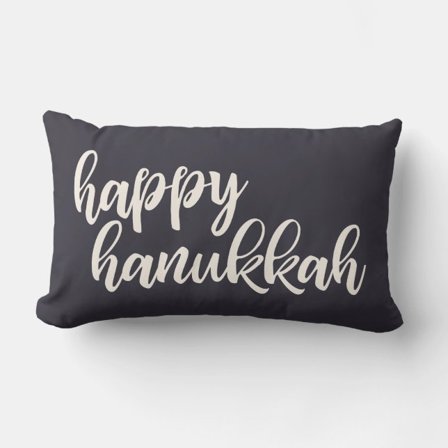 Happy Hanukkah Trendy Script Lettering Navy Blue Lumbar Pillow (Front)