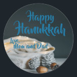 Happy Hanukkah twinkle lights white bag Classic Round Sticker<br><div class="desc">Happy Hanukkah twinkle lights white bag Classic Round Sticker - A white bag filled with white twinkle lights and a scattering of pine cones and acorns in front. Personalized sticker - A fun and easy way to add a little bit of extra personality to your envelopes, gift wrappings and more....</div>