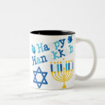 Happy Hanukkah Two-Tone Coffee Mug<br><div class="desc">Happy Hanukkah text with a menorah,  Star of David and two dreidels. Shades of blue,  white and yellow.</div>