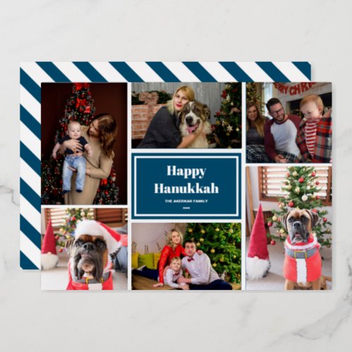 Happy Hanukkah Typography Blue Photo Collage Foil Holiday Card