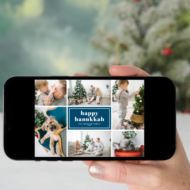 Happy Hanukkah Typography Blue Photo Collage Holiday Card (Front Digital)