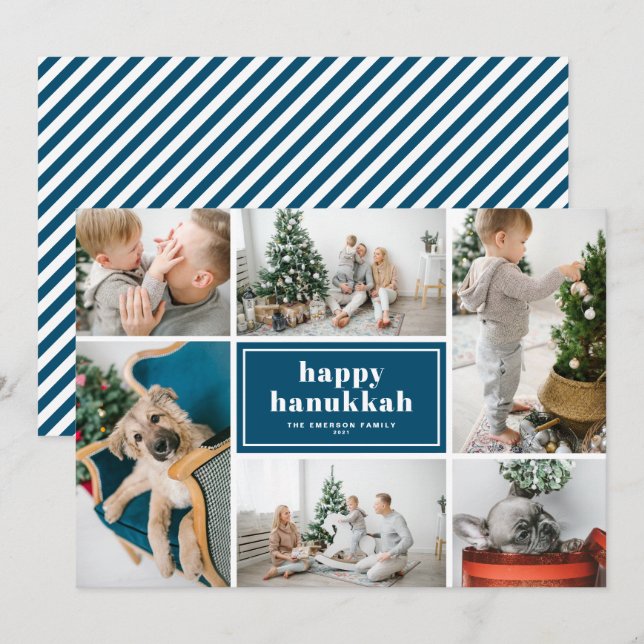 Happy Hanukkah Typography Blue Photo Collage Holiday Card (Front/Back)