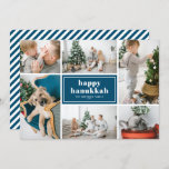 Happy Hanukkah Typography Blue Photo Collage Holiday Card<br><div class="desc">Happy Hanukkah! Send holiday wishes and greetings with this modern and stylish holiday photo card. It features retro bold typography with white and blue diagonal stripes pattern. Personalize by adding your favorite photos, greeting, names and other details. The texts are fully editable. Available as a flat card, folded card and...</div>