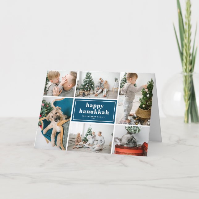 Happy Hanukkah Typography Photo Collage Blue Holiday Card (Front)