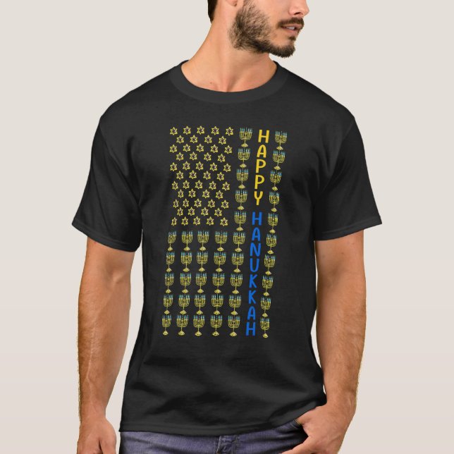 Happy HANUKKAH USA flag with Menorahs Jewish Holid T-Shirt (Front)