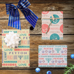 Happy Hanukkah Vintage Childs Name Typography Wrapping Paper Sheets