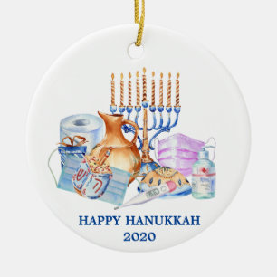 Happy Hanukkah Watercolor Covid 2020 Face Mask Ceramic Ornament