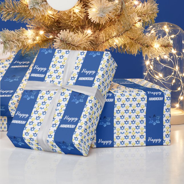 Happy Hanukkah Watercolor David Stars  Wrapping Paper (Holidays)