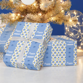Happy Hanukkah Watercolor David Stars Wrapping Paper