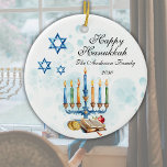 Happy Hanukkah Watercolor Family Photo  Ceramic Ornament<br><div class="desc">Watercolor custom Hanukkah ornament for a Jewish family gift or Hanukkah party. Personalize with your own last name and your family photo. Features colorful menorah.</div>
