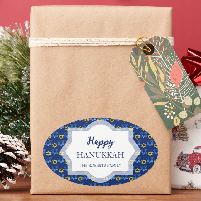 Happy Hanukkah Watercolor Stars Of David Oval Sticker (Holiday)