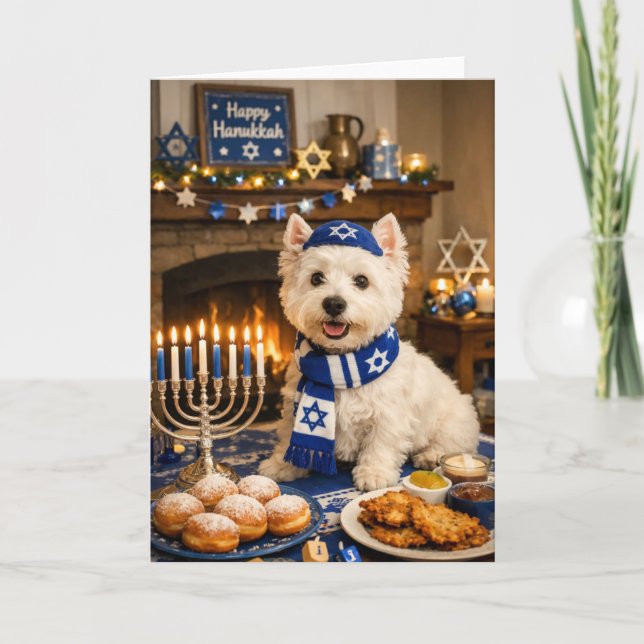 Happy Hanukkah Westie Card – Festive Jewish Dog (Front)