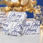 Happy Hanukkah white and navy blue elegant script Wrapping Paper<br><div class="desc">Happy Hanukkah navy blue and white Jewish Holiday elegant script gift Wrapping Paper.
Dark navy blue script typography pattern on white background color.</div>