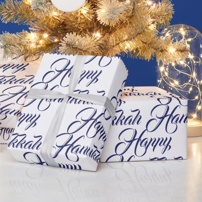Happy Hanukkah white and navy blue elegant script Wrapping Paper (Holidays)