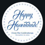 Happy Hanukkah white blue custom script text  Classic Round Sticker<br><div class="desc">Happy Hanukkah custom script name text Elegant Hanukkah gift favor tag stickers.
Custom script text,  names and date surrounded by a border made of Stars of David,  Magen David.
Blue custom text on white background.</div>