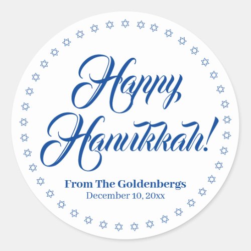 Happy Hanukkah white blue custom script text  Classic Round Sticker